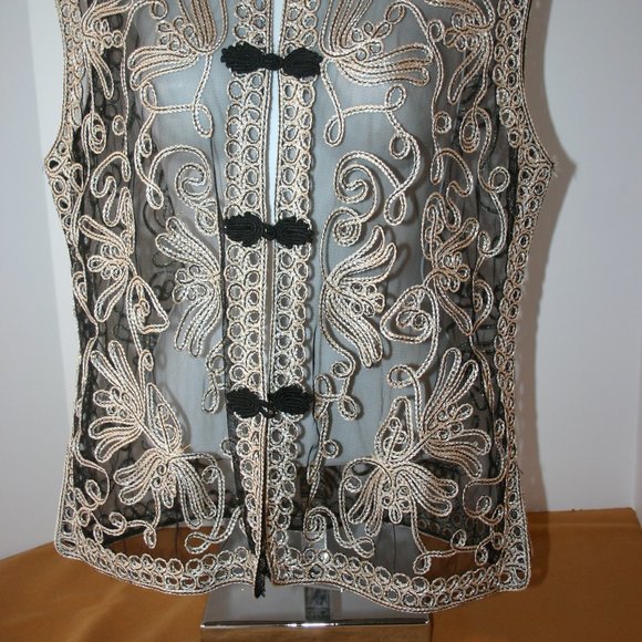 Jin Xiu Black and Gold Soutache Ribbon Embroidered Lace Vest R-498 - Picture 6 of 10